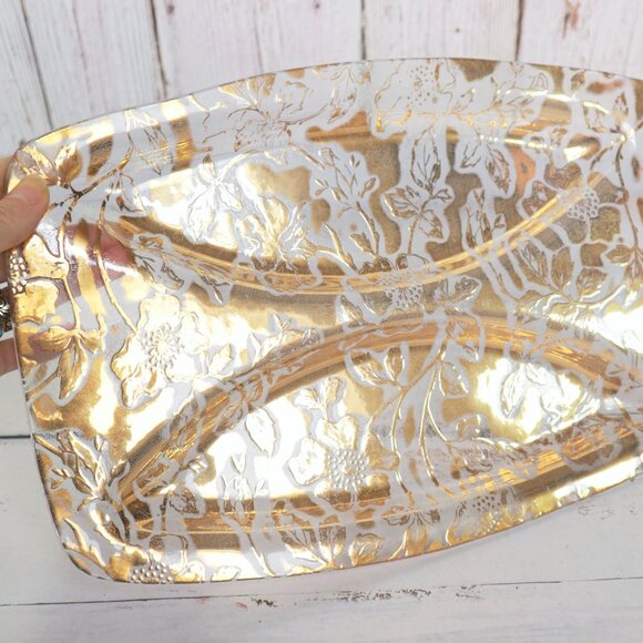 Mid-Century 22K Gold Leaf Divided Glass Tray Snack Platter Trinket Catch-All - Picture 5 of 6